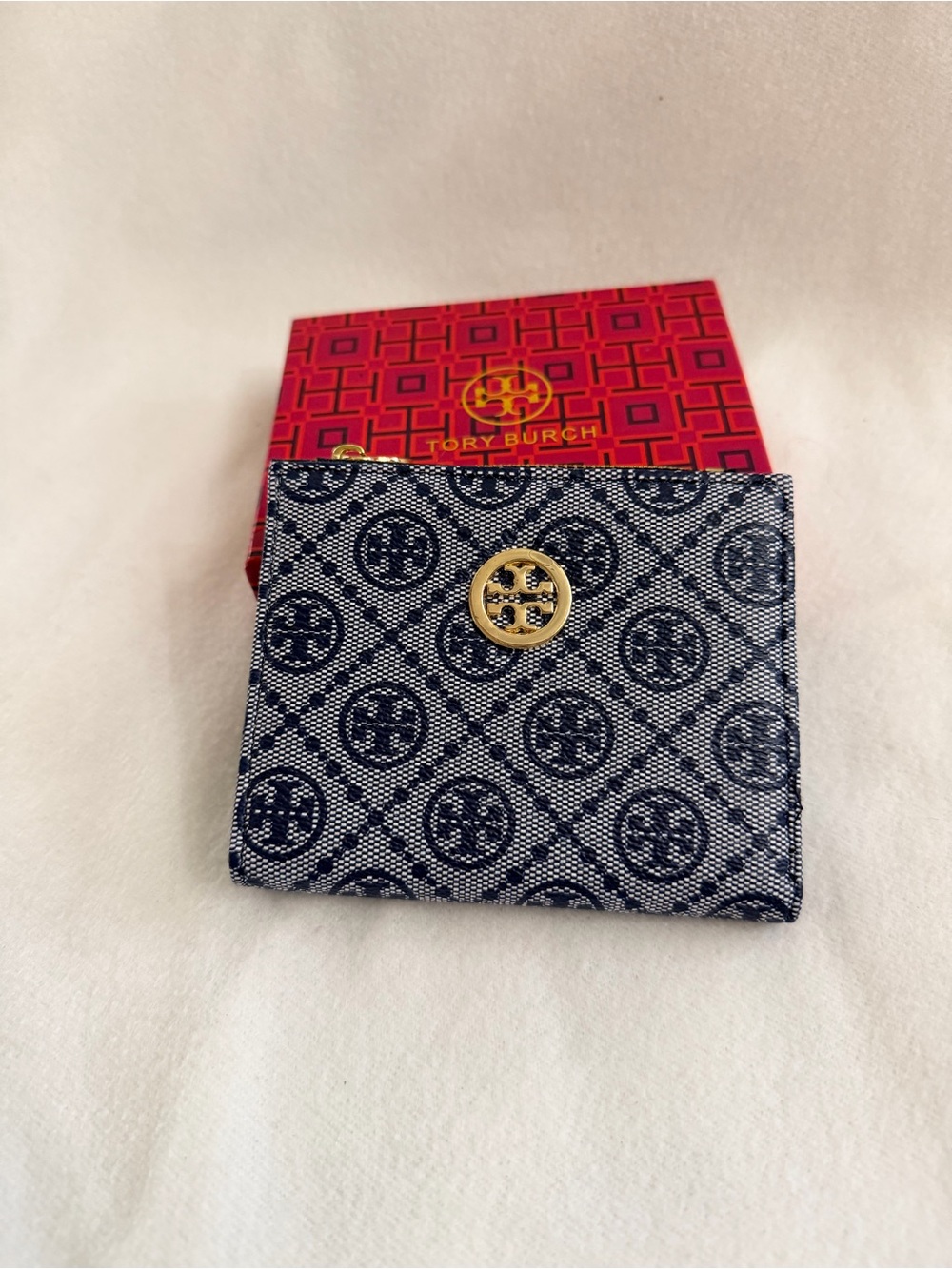 Designer Fashioned  Navy and White  Canvas Small Wallet with Gold Emblem